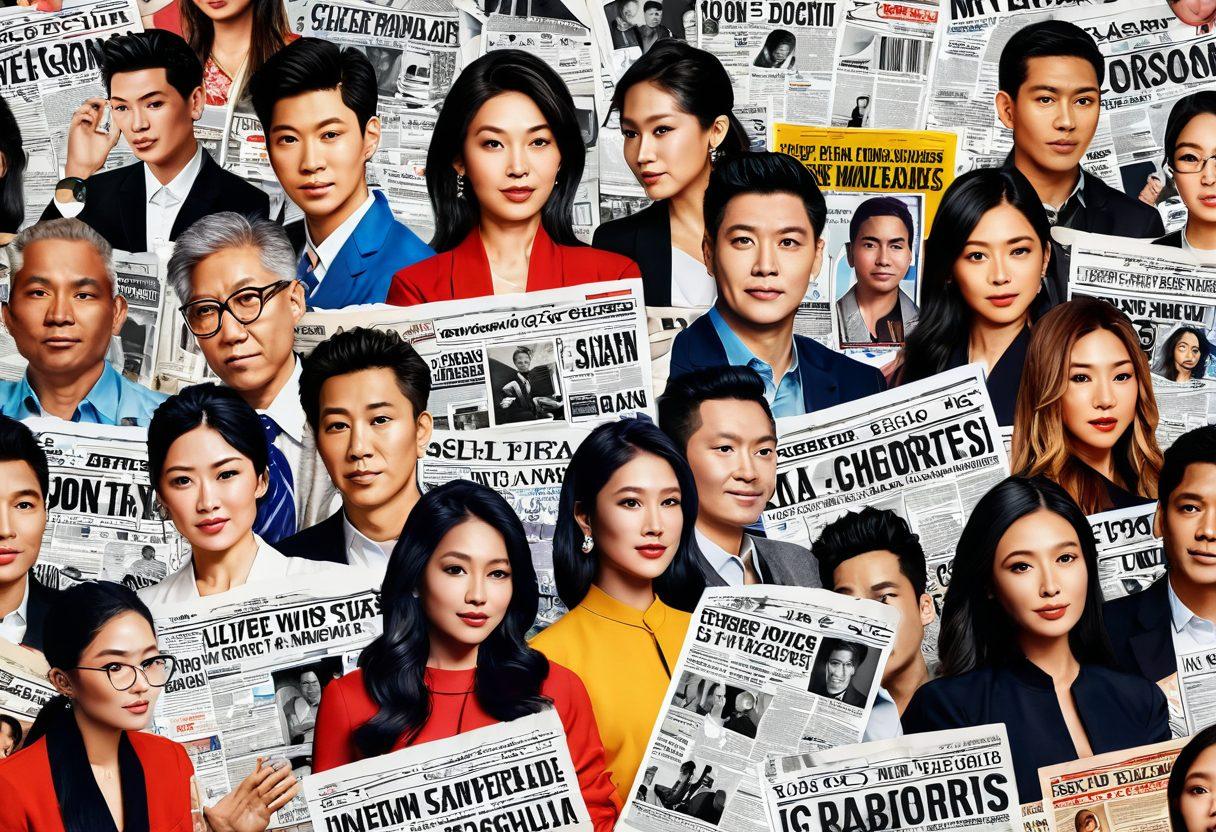 A vibrant collage showcasing diverse Asian celebrities surrounded by newspaper headlines and social media icons, symbolizing the buzz created by controversies. The background features a dynamic city skyline representing various Asian cultures, with splashes of color to convey excitement. Use warm tones to evoke discussions and debates. super-realistic. vibrant colors. 3D.