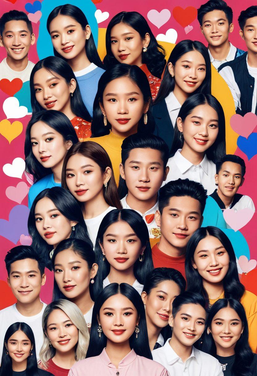A visually dynamic collage depicting a blend of Asian celebrities in vibrant social media settings, showcasing various platforms like Instagram and TikTok, with hearts and likes floating around. Incorporate elements of pop culture, conversation bubbles, and traditional motifs to represent diverse Asian cultures. The overall vibe should be energetic and engaging, illustrating the fusion of modernity and tradition. super-realistic. vibrant colors. 3D.