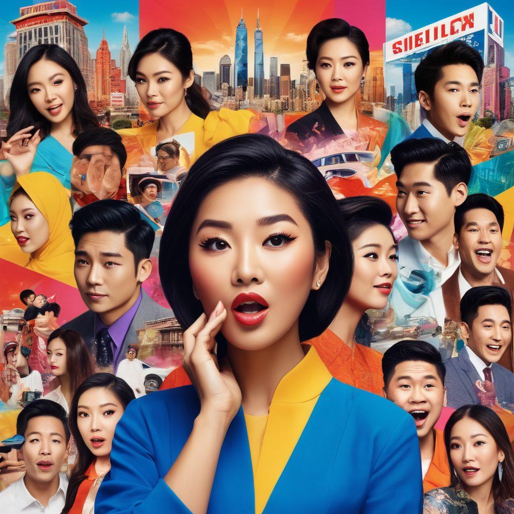 A dynamic collage featuring various Asian celebrities in vibrant, gossip-themed scenarios, with headlines and social media icons swirling around them. Include stylized expressions of joy, surprise, and drama, reflecting pop culture controversies. Incorporate elements like a city skyline and film reels in the background, hinting at the entertainment industry. Bright, eye-catching colors to draw attention and create energy. super-realistic. vibrant colors.
